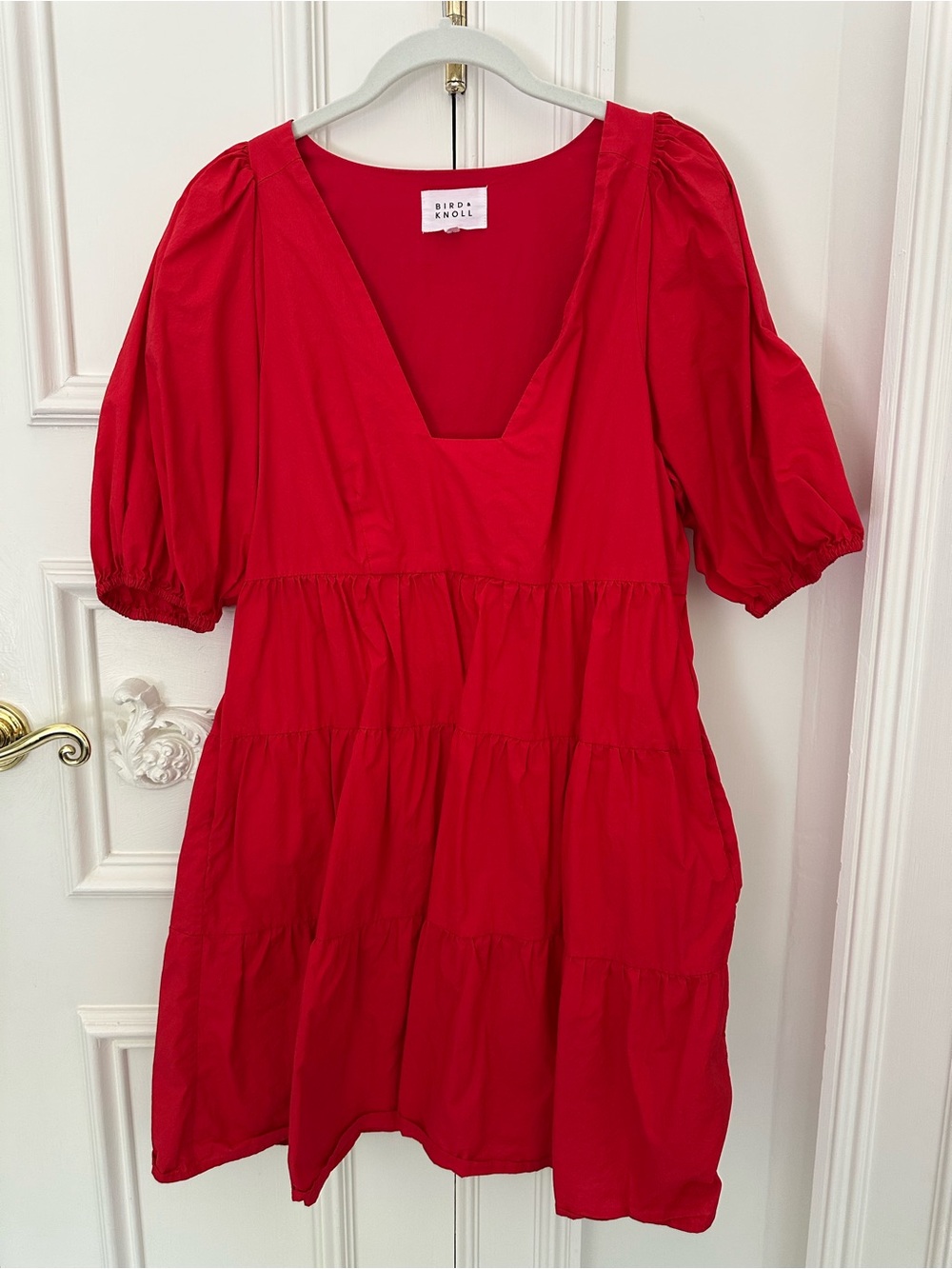 BIRD & KNOLL Vibrant Red Puff Sleeve Tiered Mini Dress